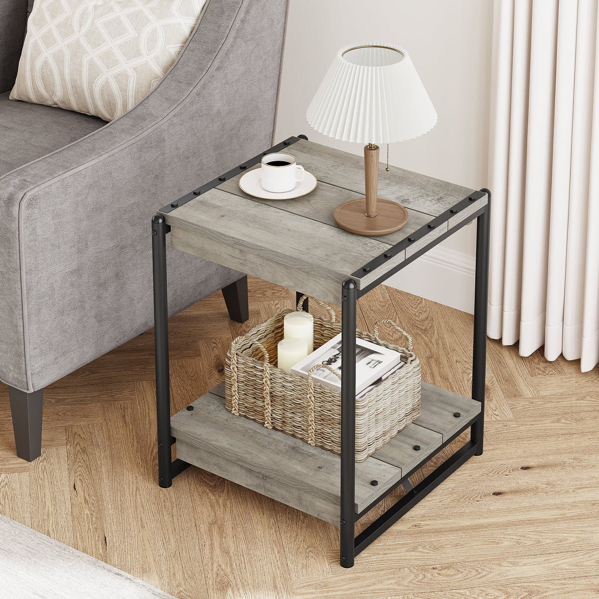 Grey Wood End Table with Storage Shelf H269
