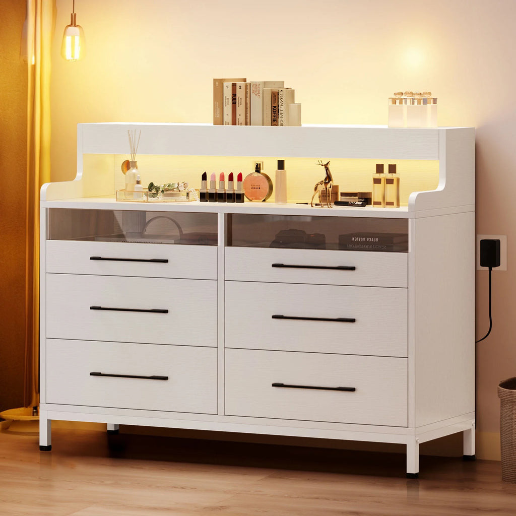 Black 6 Drawer Dresser with LED Light and Open Storage W5696