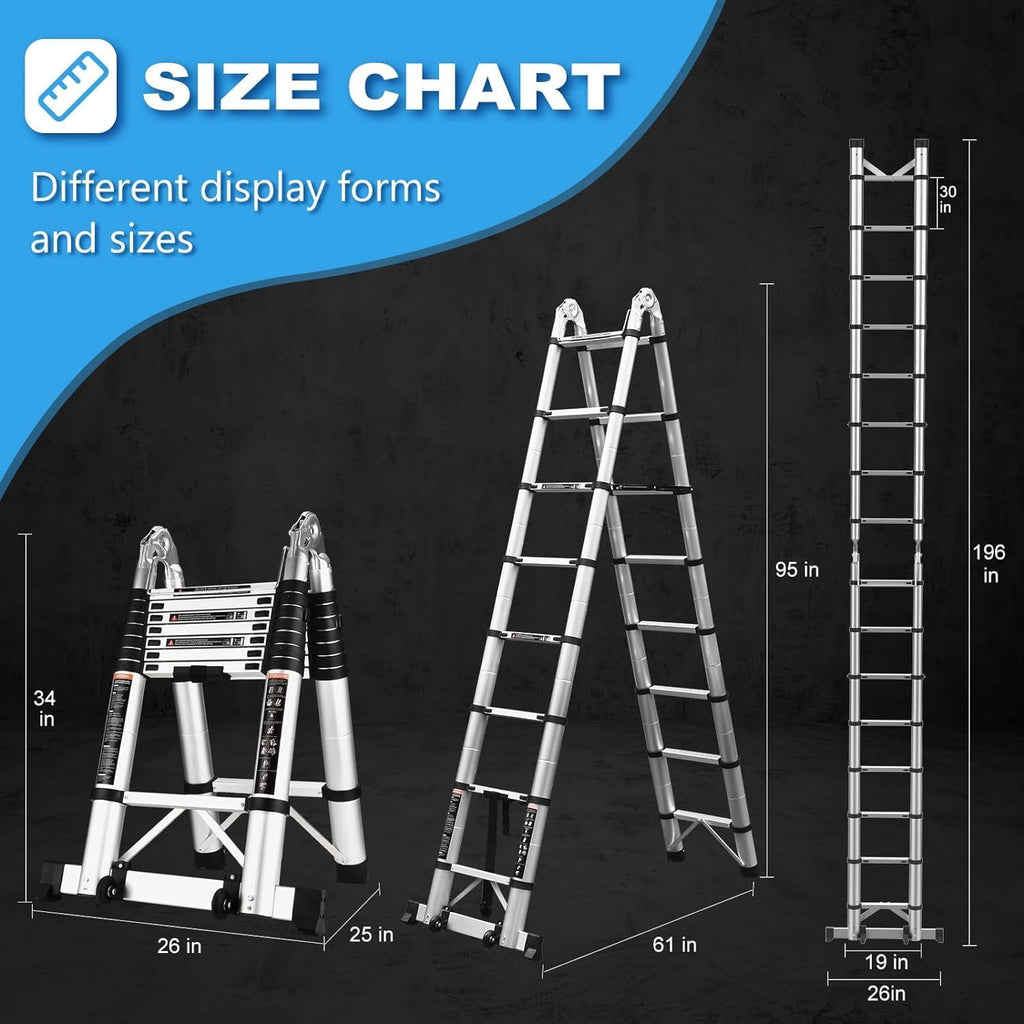 16.5 Ft Aluminum Telescoping Ladder with Wheels and Stabilizer Bar V2464