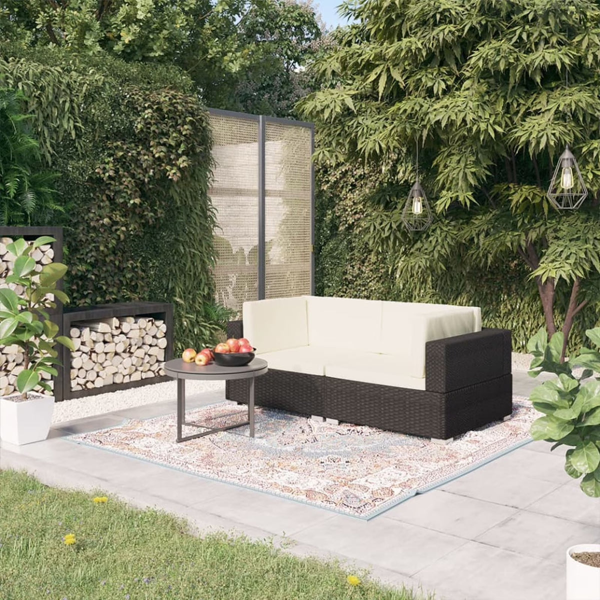 Set of 2 Black Poly Rattan Corner Sofa with Cushions Powder-Coated Steel Frame Outdoor Furniture Z3407
