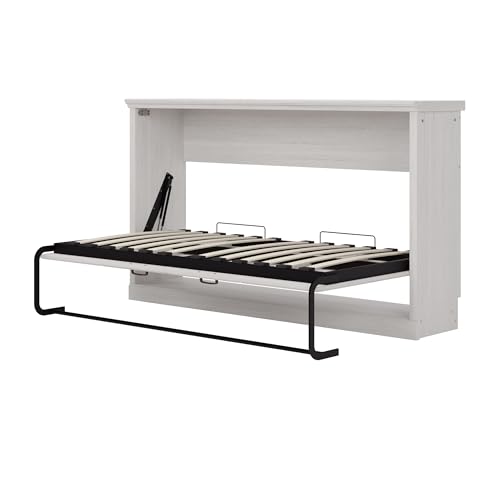 Twin Size Murphy Bed with Storage Bookshelf and USB Charging Station, Folding into a Cabinet, Rustic White H63189