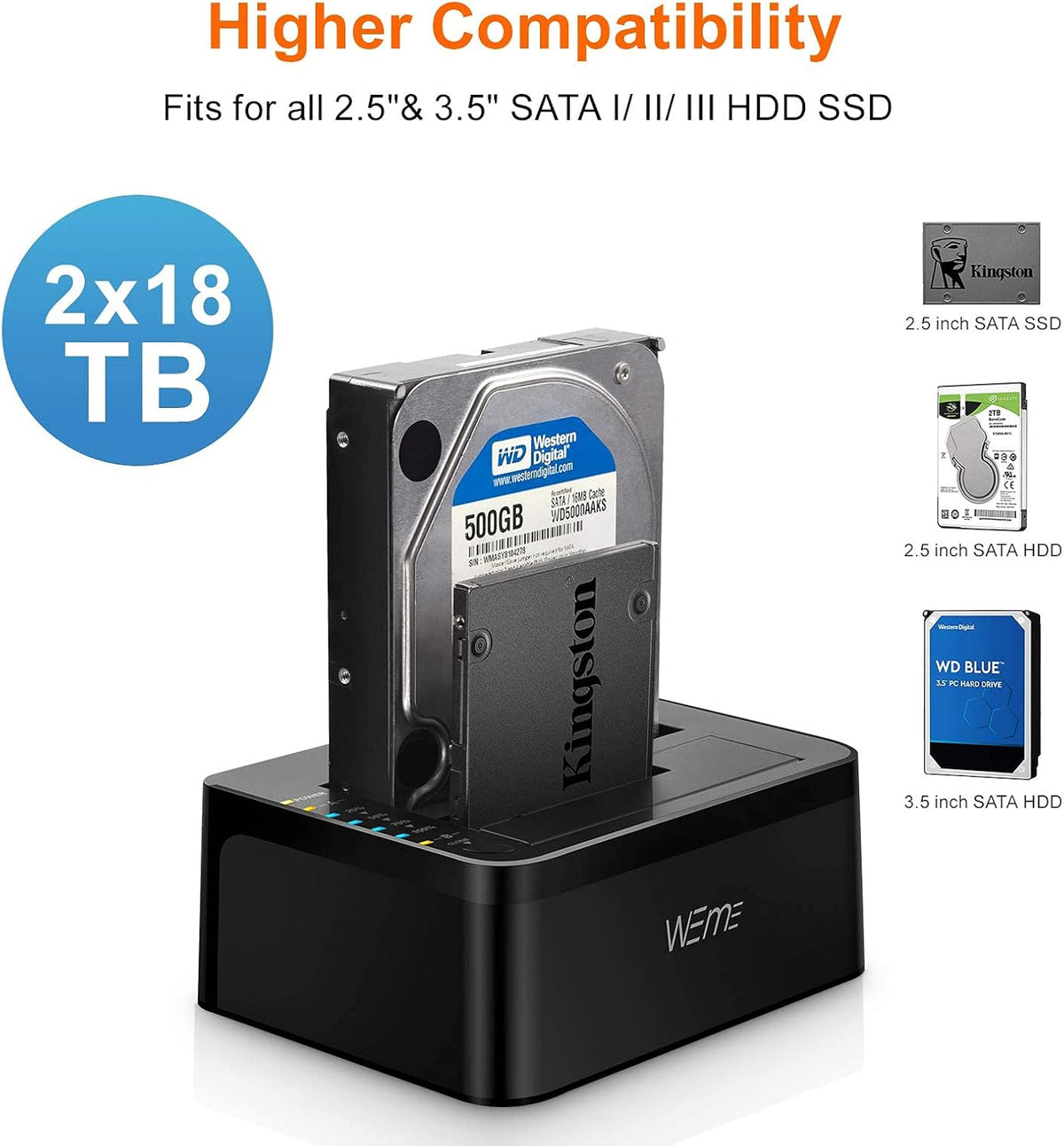 USB C 3.0 to SATA External Hard Drive Docking Station for Dual Bay 2.5 3.5 Inch SATA I II III, Black L111644