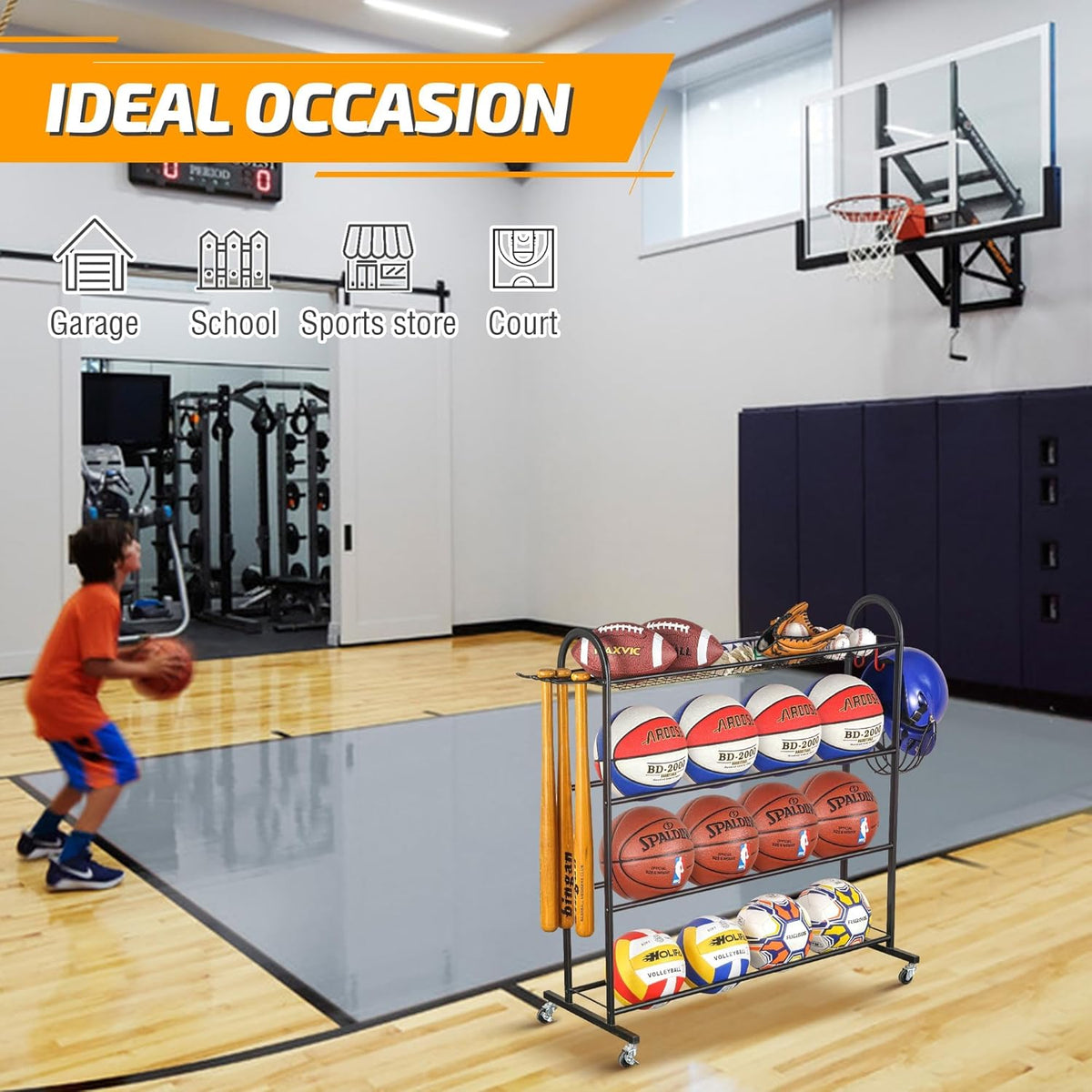 Basketball Rack with Baseball Bat Holder and Hooks, Powder Coated Steel Q6774