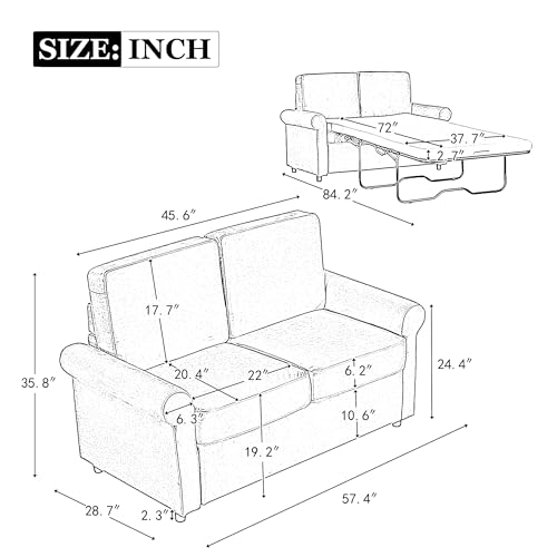 Grey Velvet Convertible Sofa Bed with Memory Foam Mattress W412835