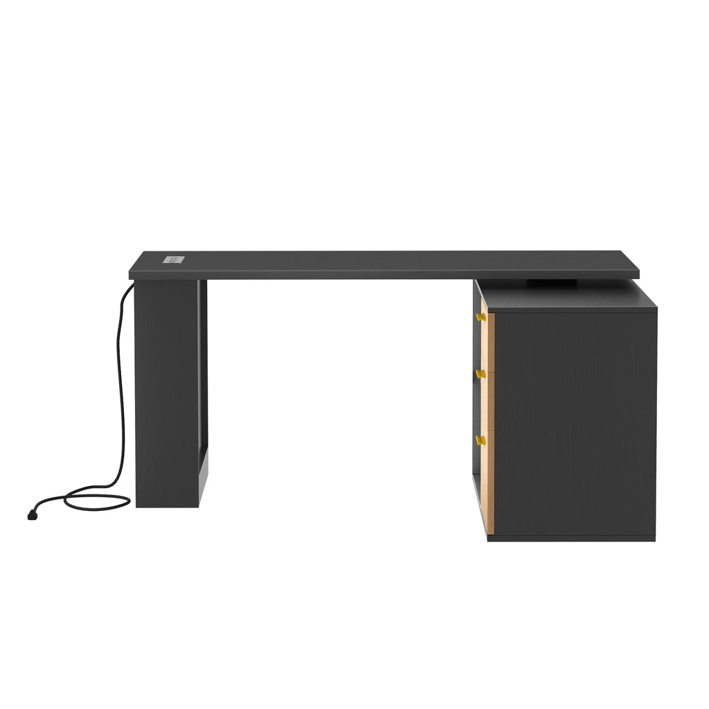 Black 59 Inch L Shaped Desk with File Cabinet and Storage Shelves H6113