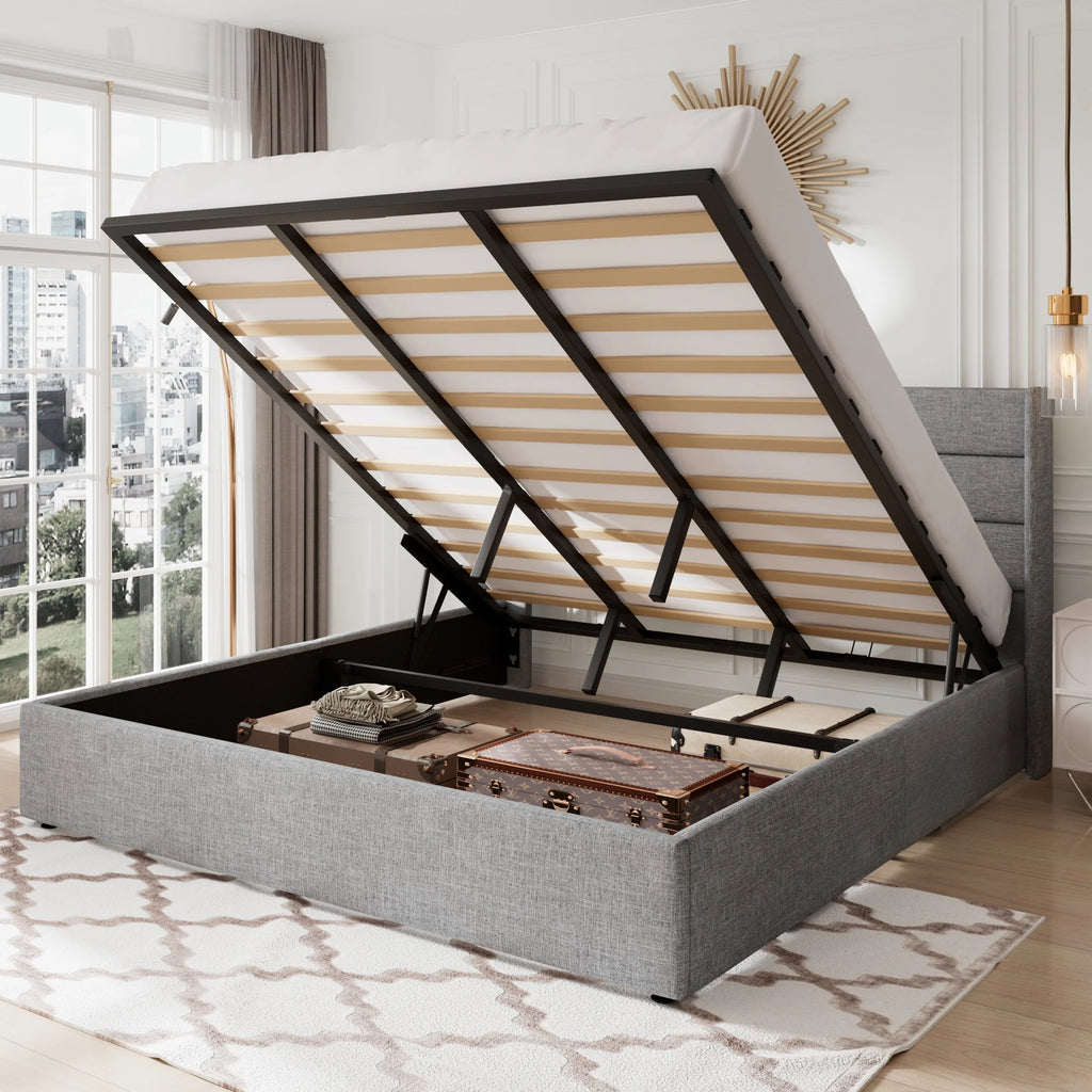 Queen Size Lift Up Storage Bed Frame with Wingback Headboard A7048