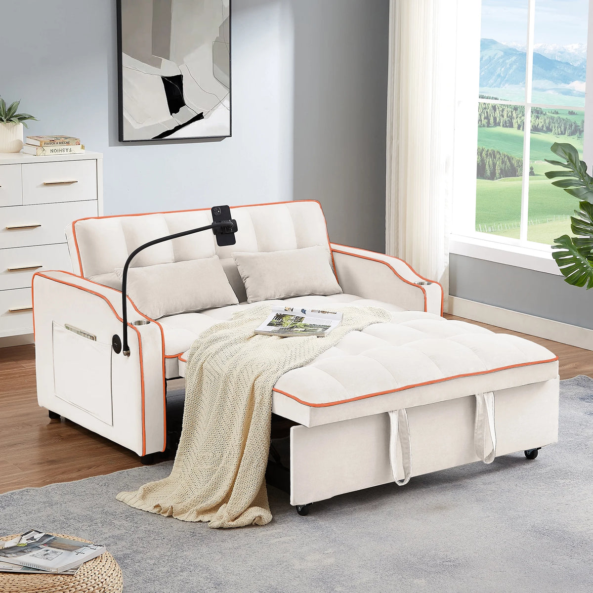 Beige Velvet 2 Seater Pull Out Sofa Bed with USB Port and Cup Holders S600