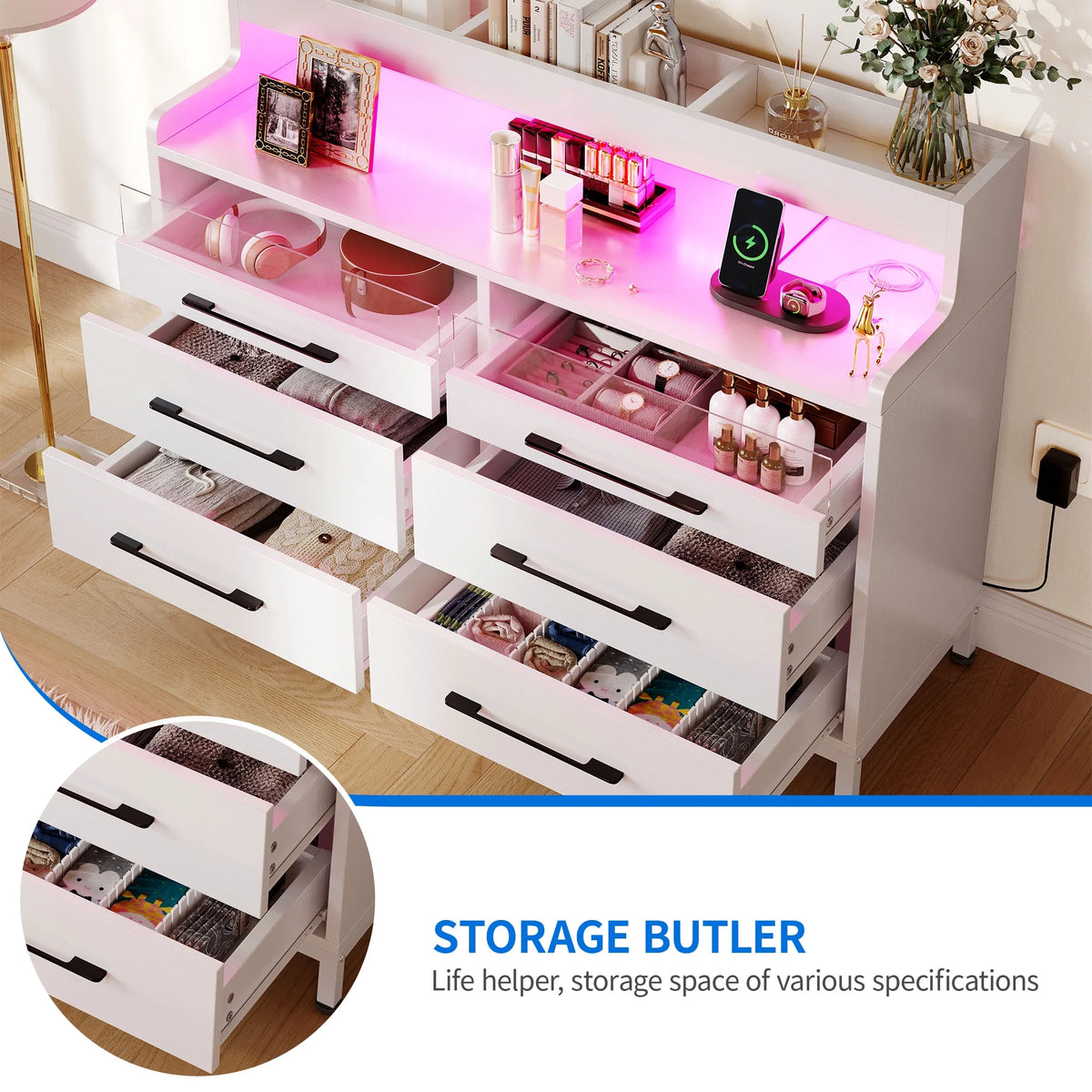 Black 6 Drawer Dresser with LED Light and Open Storage W5696
