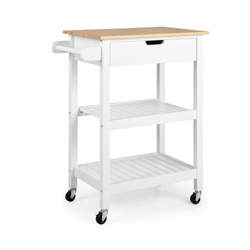 Natural Bamboo Rolling Kitchen Island Cart with Drawer and Shelves W784
