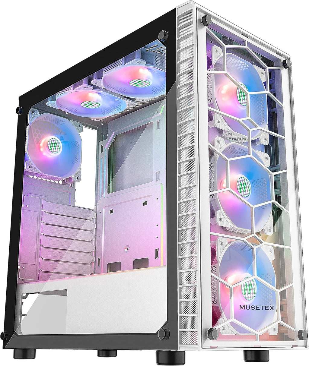 ATX Mid-Tower Computer Case with 6 Pcs ARGB Fans, USB 3.0, Tempered Glass Panels, Black Y1611