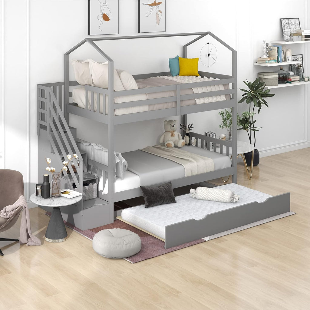 Solid Wood Twin-Over-Twin Bunk Bed with 3 Storage Drawers and Staircase (Grey) Q574462