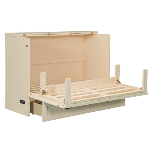 Gray Full Size Solid Wood Murphy Bed with Storage Drawer C35859
