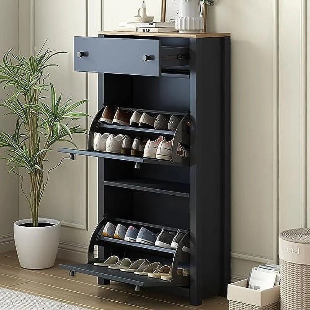 White Slim Shoe Cabinet with 2 Flip Drawers U810454