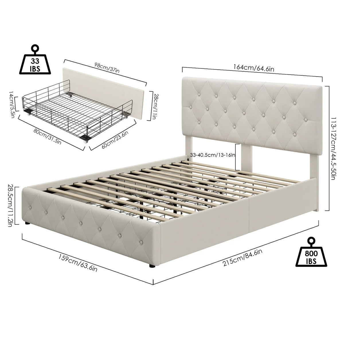 Queen Size 4 Drawer Upholstered Platform Bed with Adjustable Headboard I32229