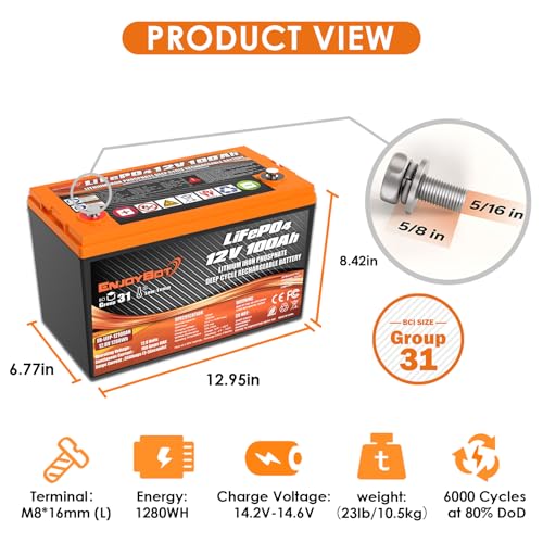 12V 100Ah LiFePO4 Lithium Battery with 100A BMS, Low Temp Cut Off Deep Cycle Battery S481868