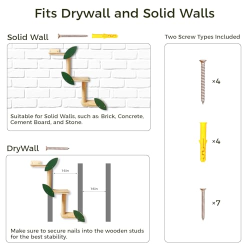 Cat Wall Shelves with Leaves, 2 Platform, Rubber Wood Wall Perch with Mat, Bridge U42398