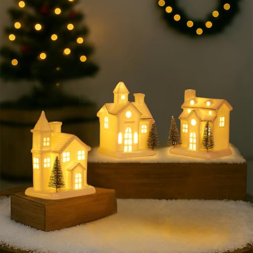 3Pcs Light Up Porcelain Christmas Village Houses with 4Pcs Christmas Trees LED Lighted Tabletop Figurines Y86105