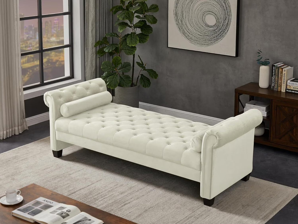 Ivory Velvet Upholstered Bench with 2 Pillows Y273451