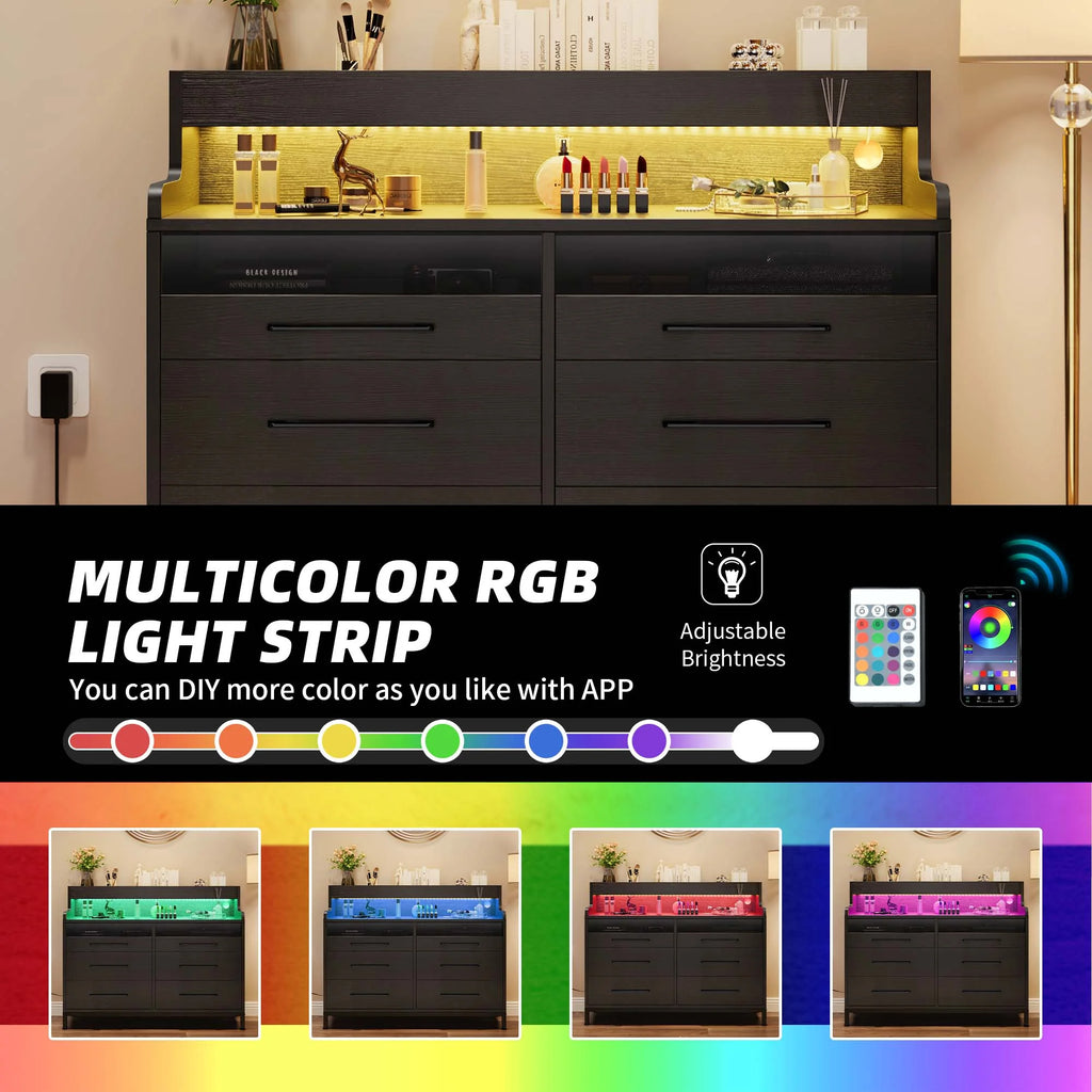 Black 6 Drawer Dresser with LED Light and Open Storage W5696