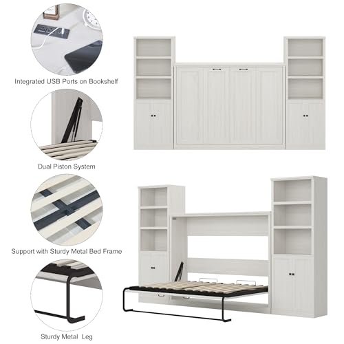 Twin Size Murphy Bed with Storage Bookshelf and USB Charging Station, Folding into a Cabinet, Rustic White H63189
