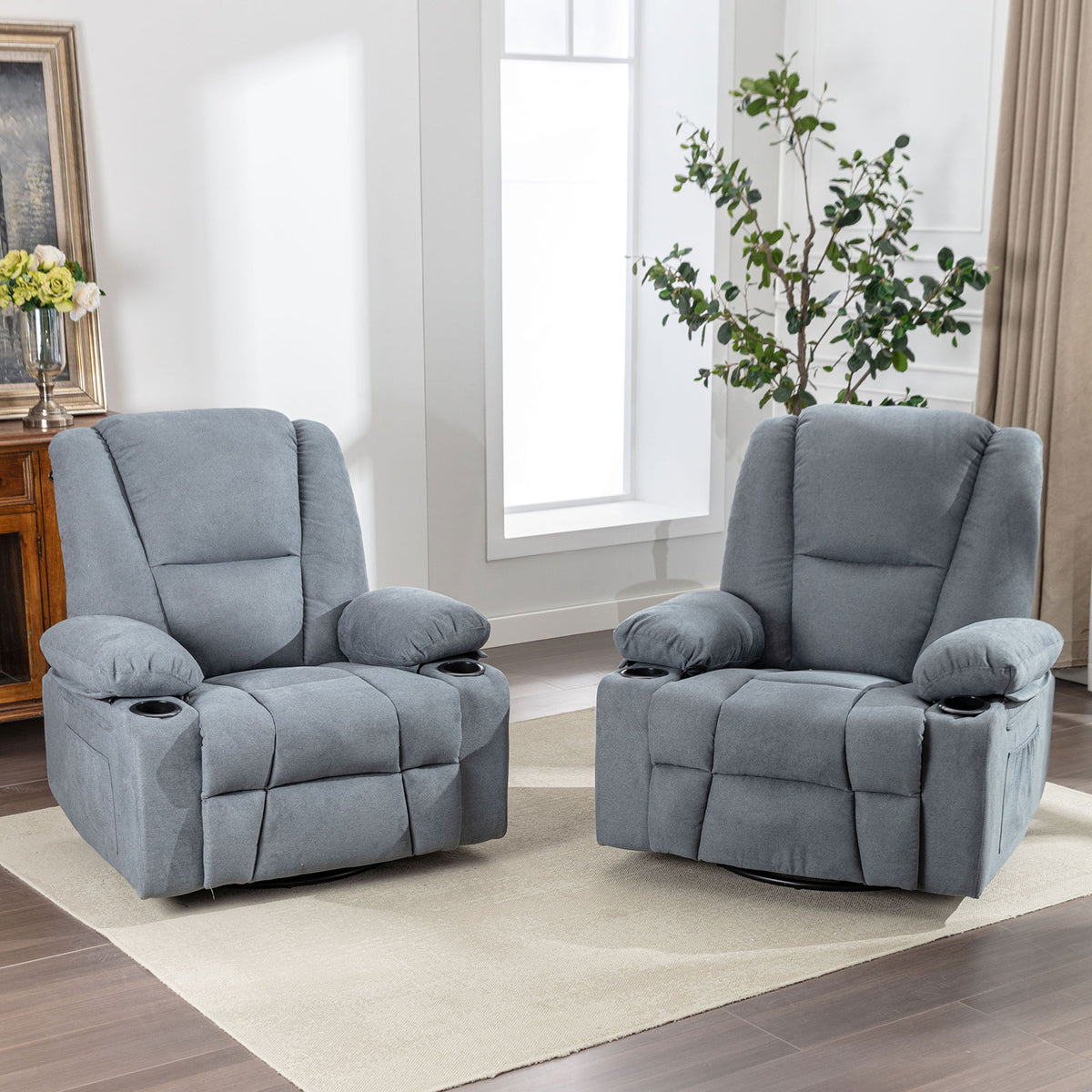 Blue Manual Swivel Glider Recliner Chair with 2 Cup Holder V7102