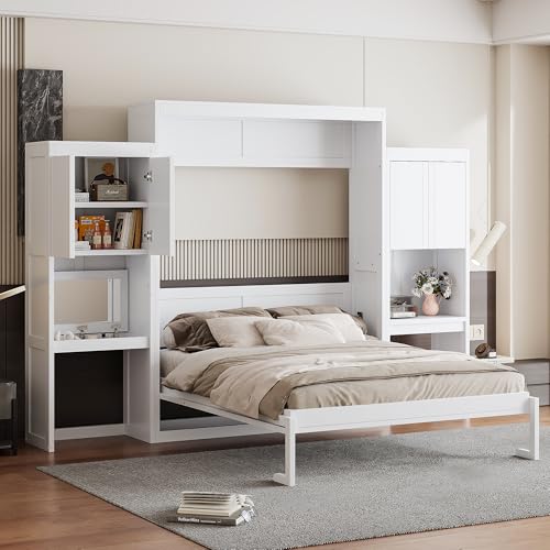 Queen Size Wood Murphy Bed with Desk and Storage B8647