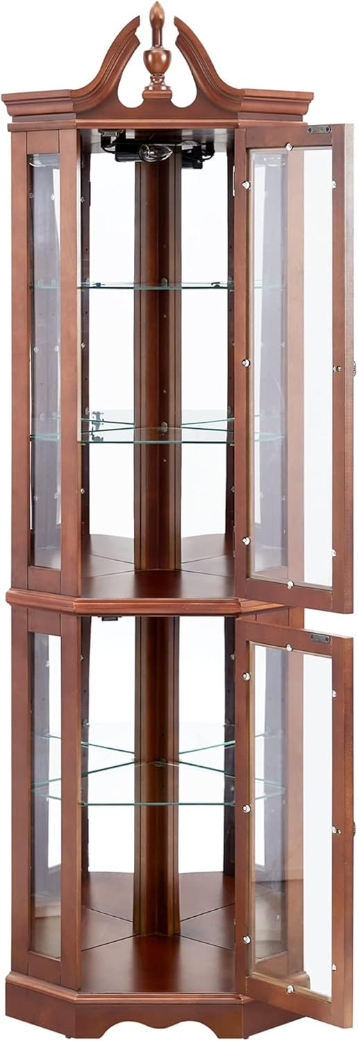 Lighted Curio Cabinet with Curved Top Finial, Wooden Corner Display Cabinet with Adjustable Tempered Glass Shelves Y413279