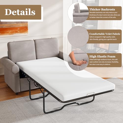 Grey Velvet Convertible Sofa Bed with Memory Foam Mattress W412835