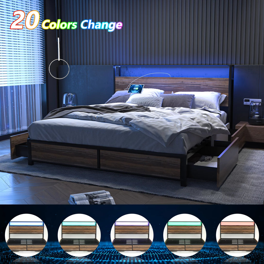 Queen Size LED Platform Bed Frame with 2 USB Ports and 4 Storage Drawers Q847616