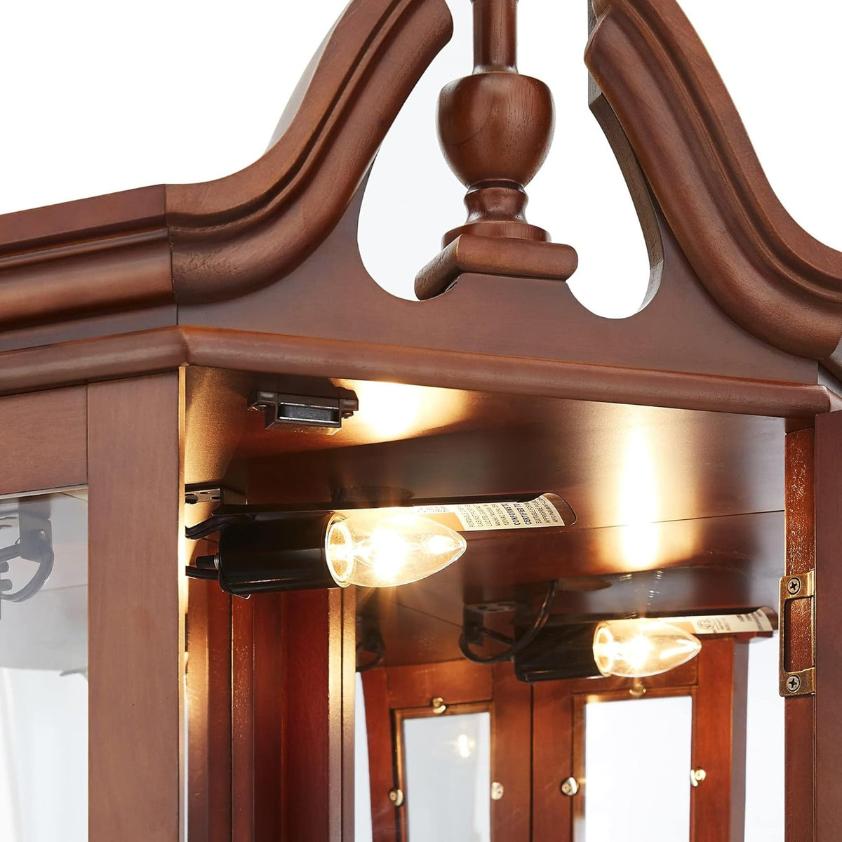 Lighted Curio Cabinet with Curved Top Finial, Wooden Corner Display Cabinet with Adjustable Tempered Glass Shelves Y413279