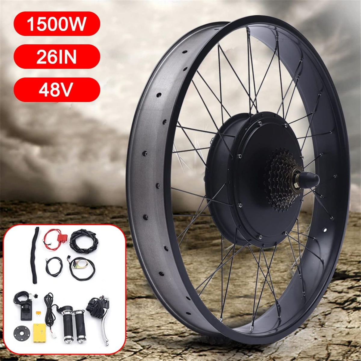 26" 48V 1500W Rear Wheel Electric Fat Tire Ebike Hub Motor Conversion Kit with LCD Display J295420