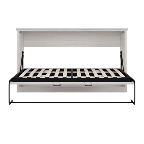 Twin Size Murphy Bed with Storage Bookshelf and USB Charging Station, Folding into a Cabinet, Rustic White H63189