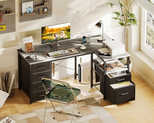 L Shaped Computer Desk with 6 Drawers & Power Outlet, 55 Inch Grey Oak K443