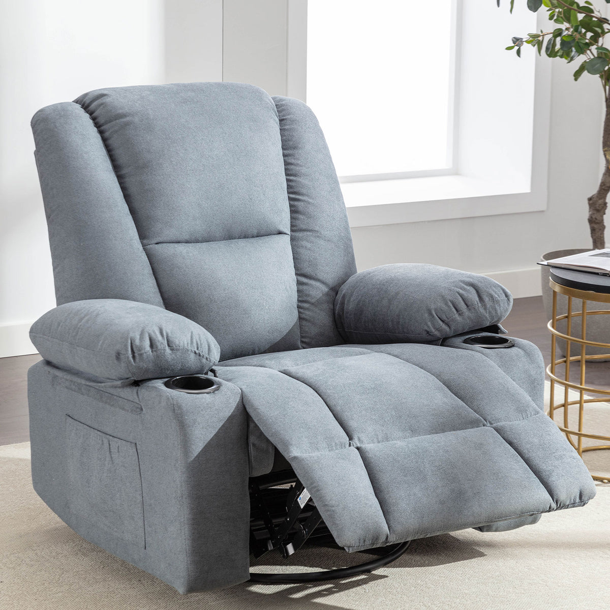 Blue Manual Swivel Glider Recliner Chair with 2 Cup Holder V7102