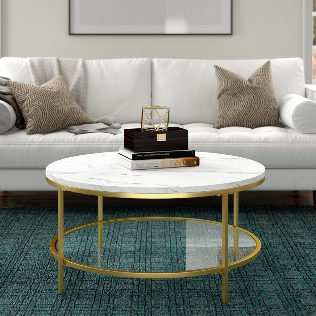 36" Wide Round Coffee Table with Faux Marble Top D507