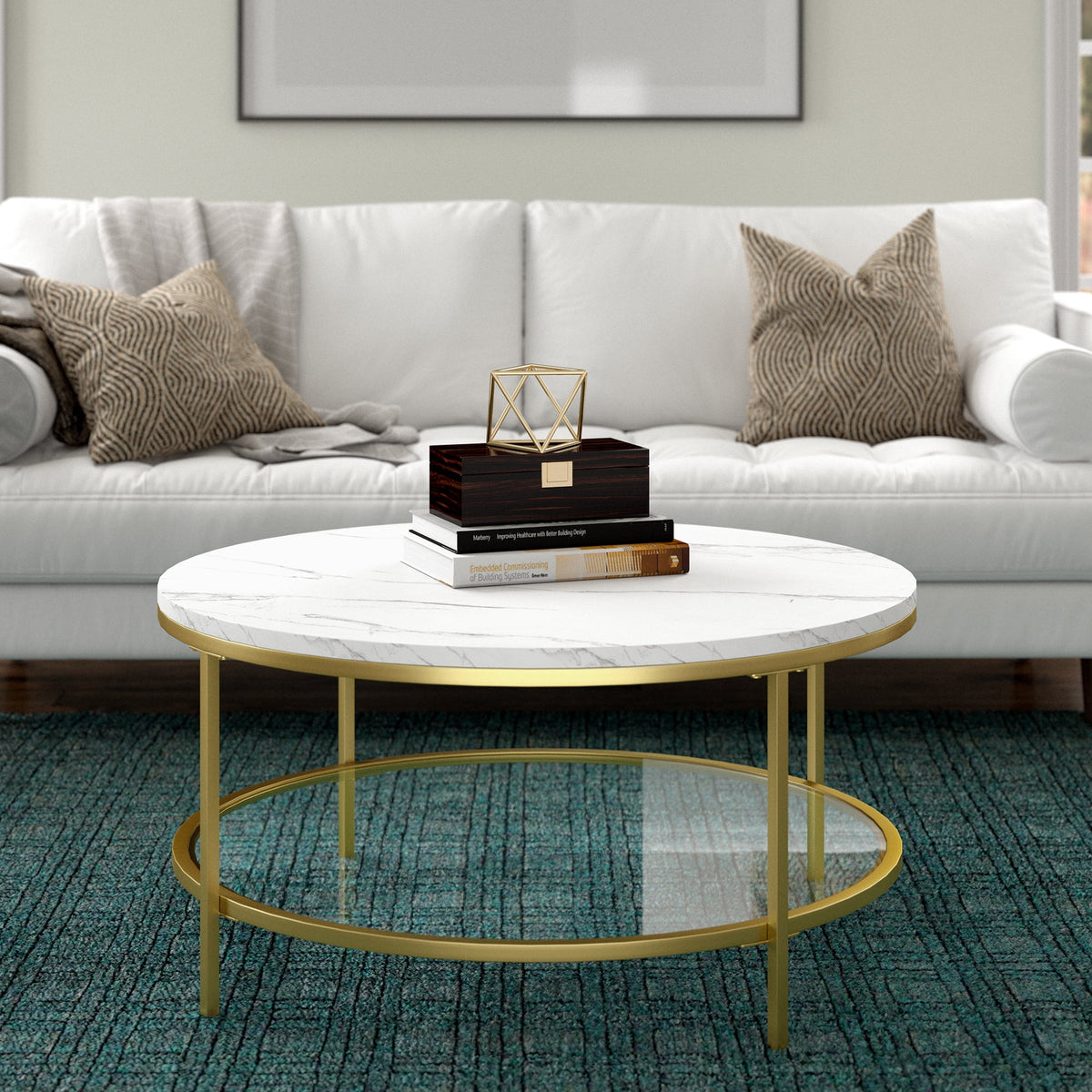 36" Wide Round Coffee Table with Faux Marble Top D507