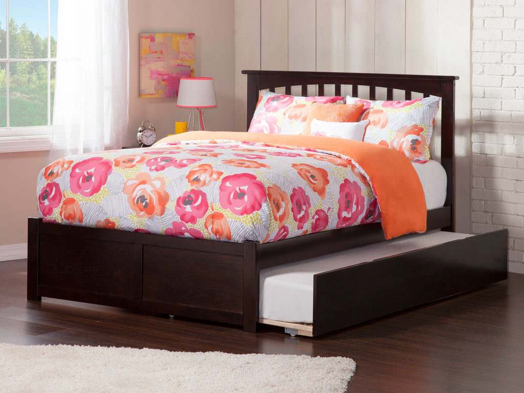 Espresso King Solid Wood Platform Bed with Footboard and Twin XL Trundle X2239
