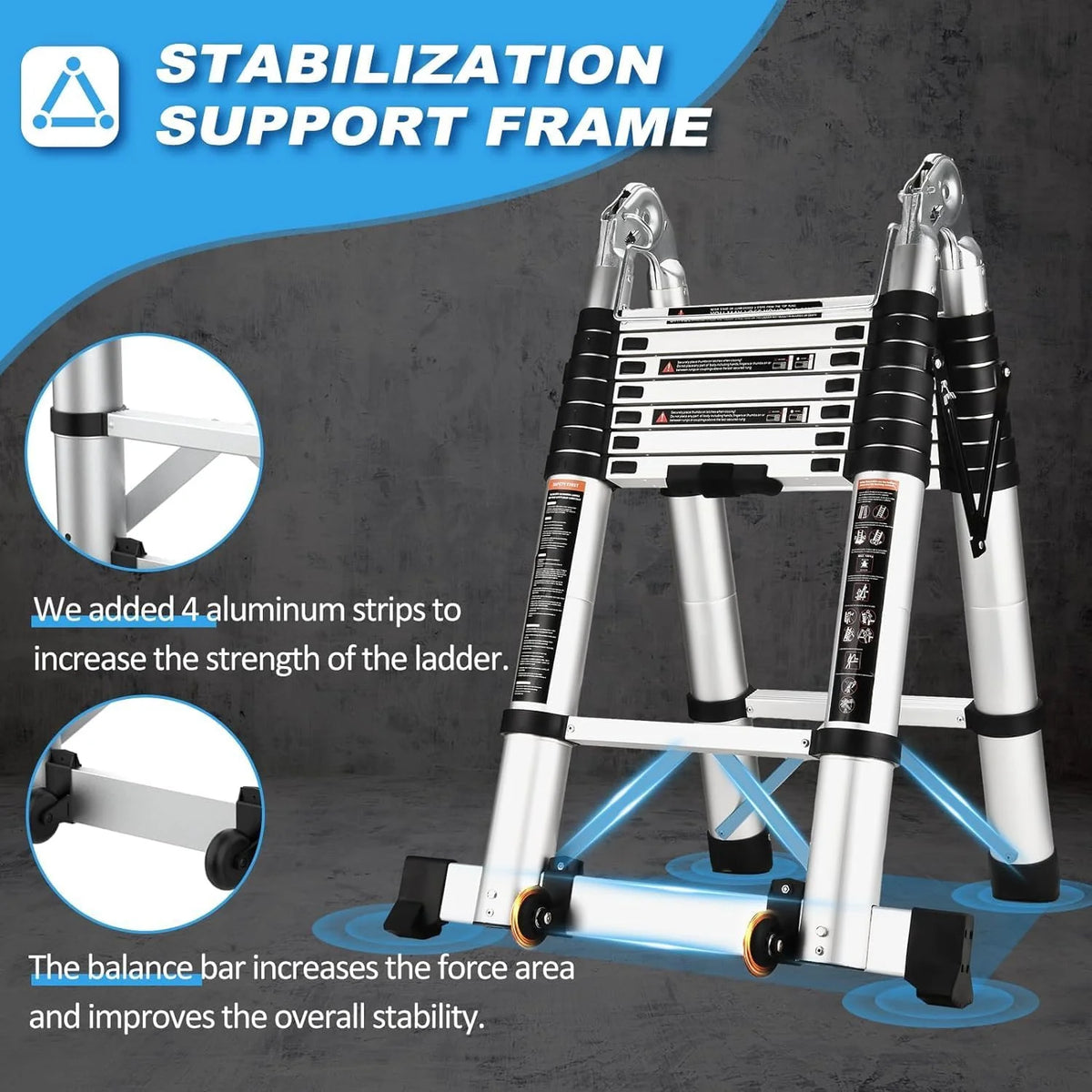 16.5 Ft Aluminum Telescoping Ladder with Wheels and Stabilizer Bar V2464