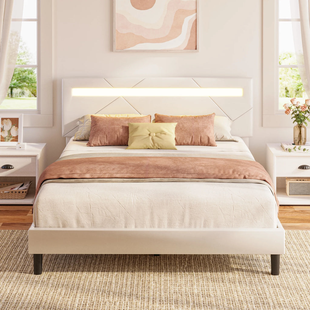 Twin Bed Frame with LED Lights and Adjustable Upholstered Headboard X40440