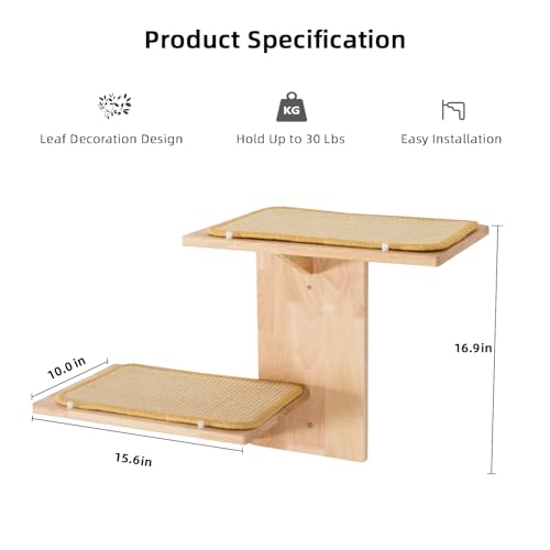 Cat Wall Shelves with Leaves, 2 Platform, Rubber Wood Wall Perch with Mat, Bridge U42398