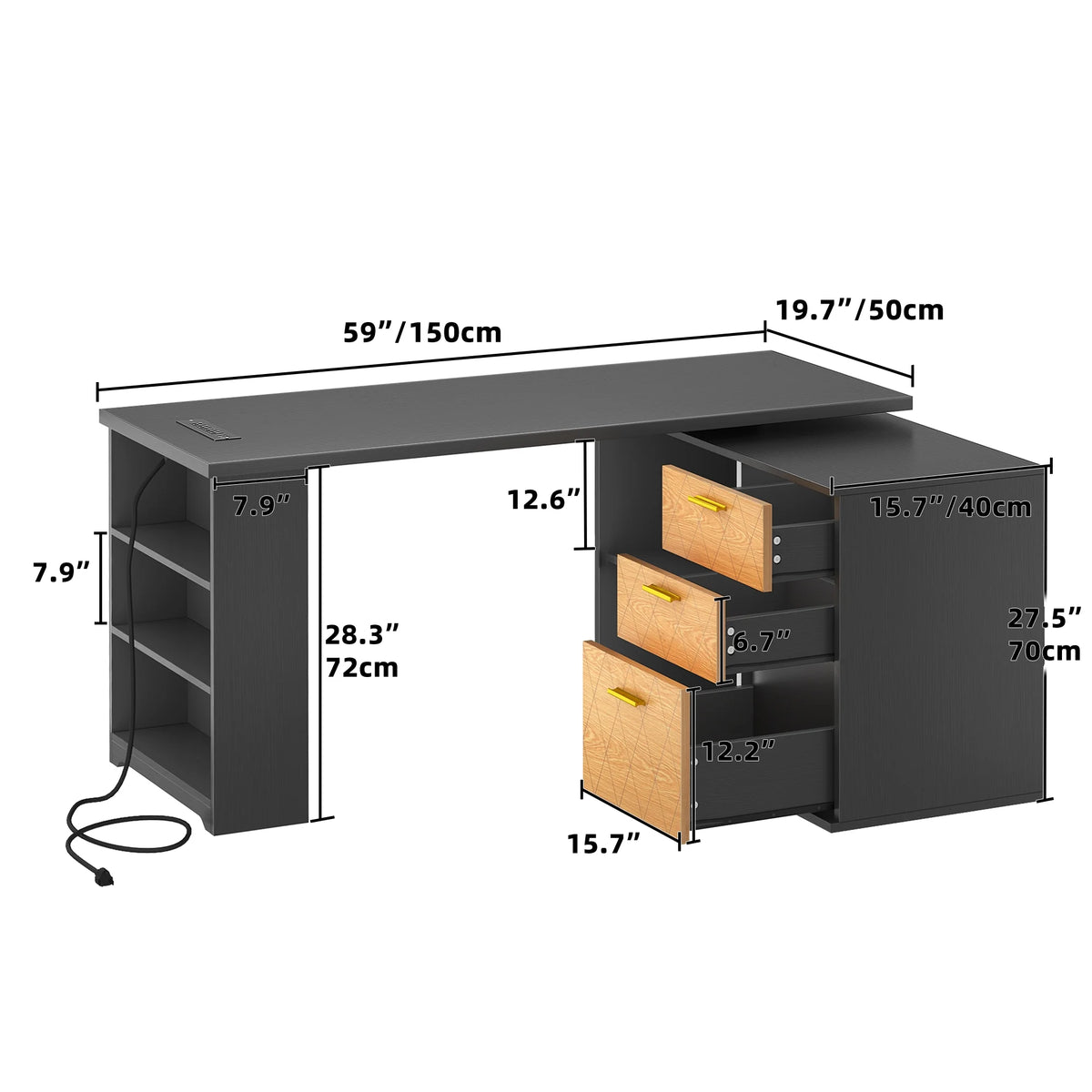 Black 59 Inch L Shaped Desk with File Cabinet and Storage Shelves H6113