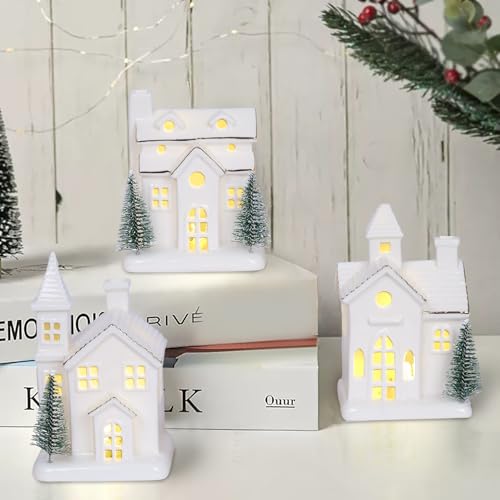 3Pcs Light Up Porcelain Christmas Village Houses with 4Pcs Christmas Trees LED Lighted Tabletop Figurines Y86105