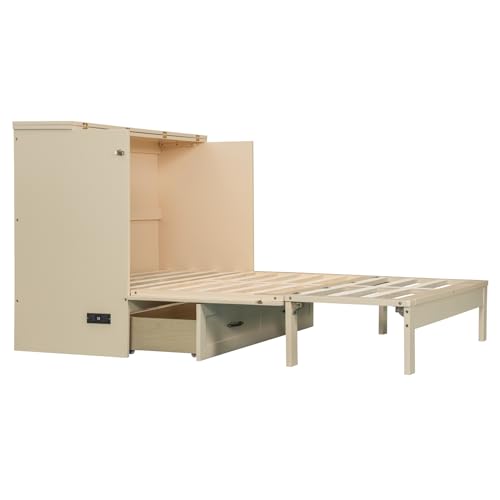Gray Full Size Solid Wood Murphy Bed with Storage Drawer C35859