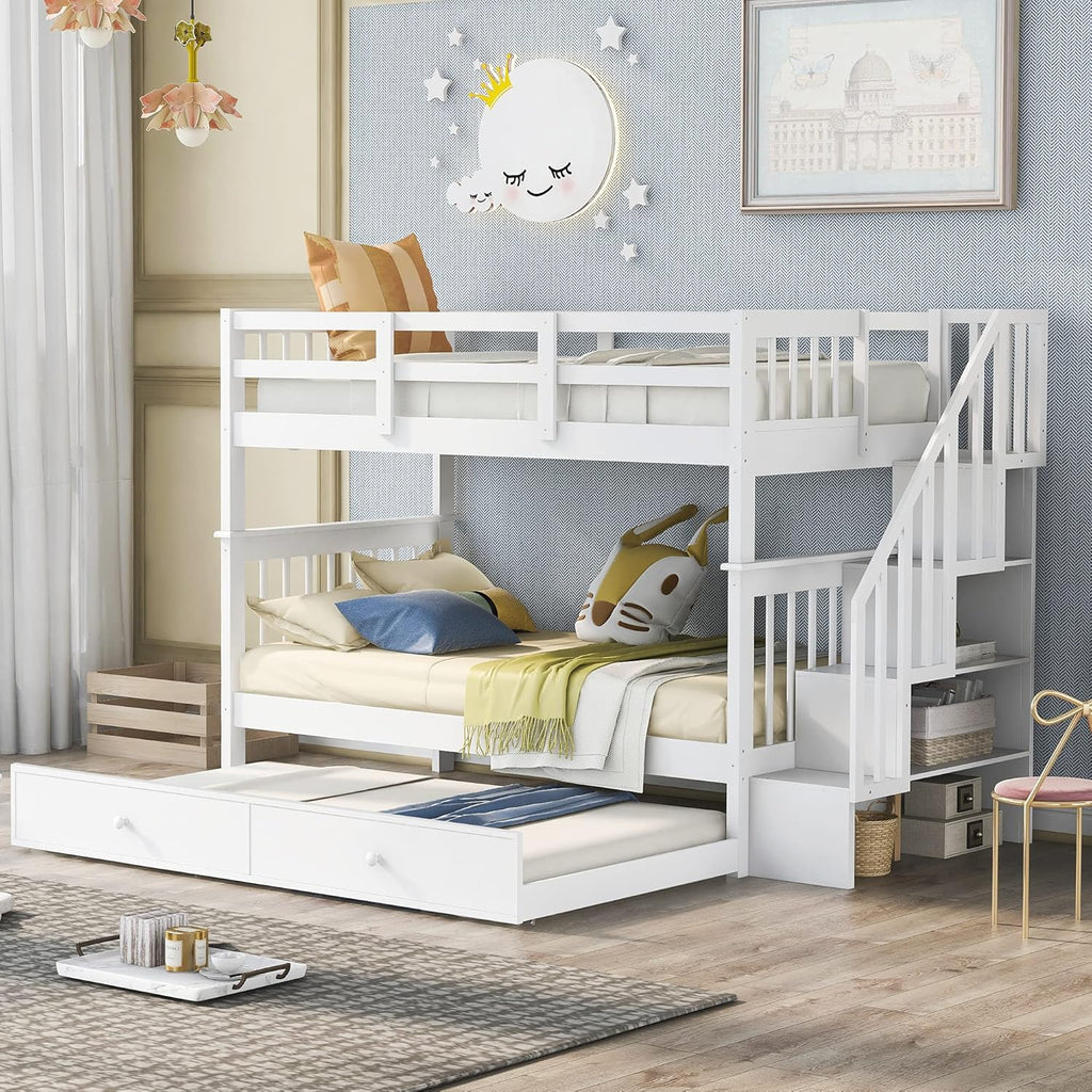 Solid Wood Twin-Over-Twin Bunk Bed with 3 Storage Drawers and Staircase (Grey) Q574462