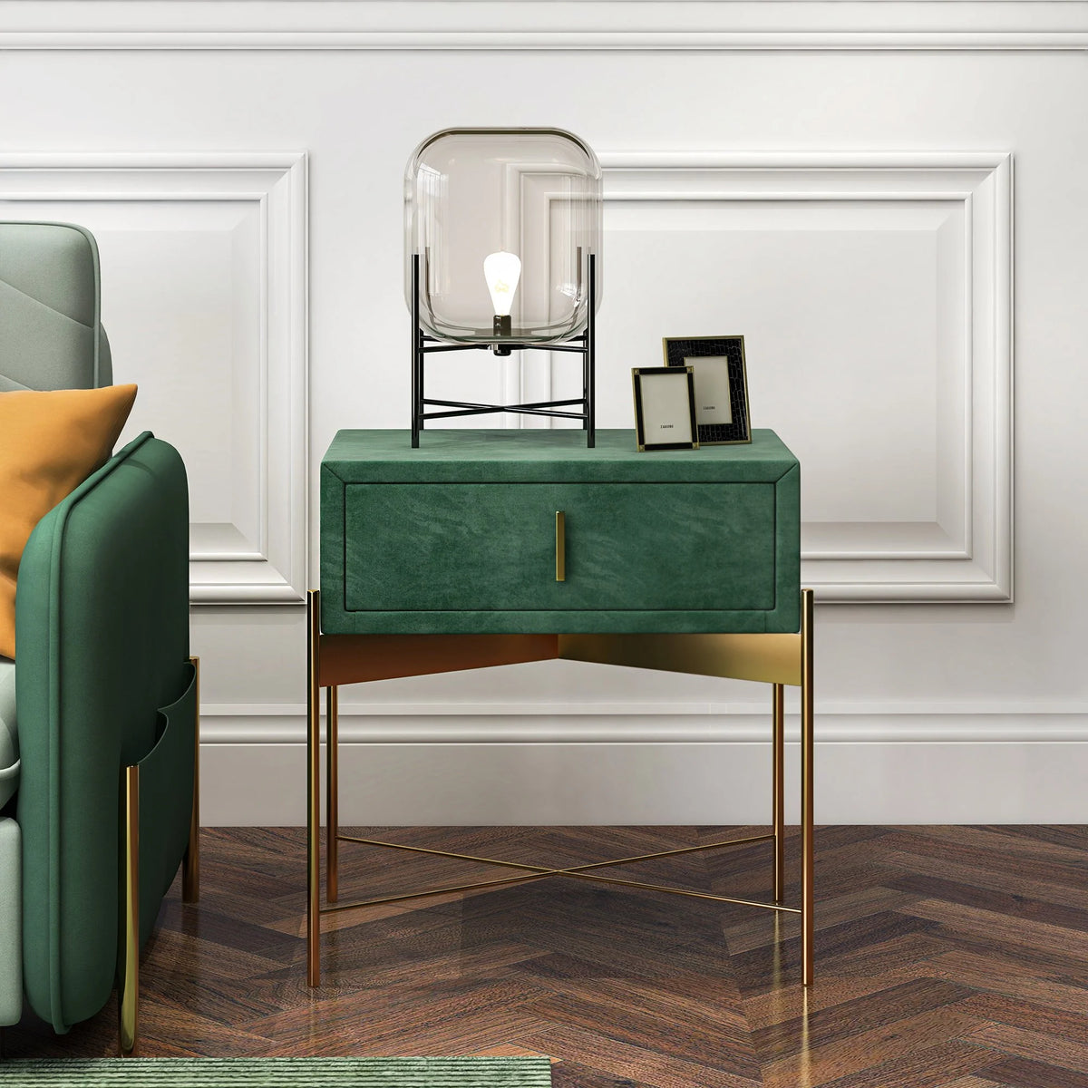 Green Velvet Upholstered Nightstand with Drawer I63262