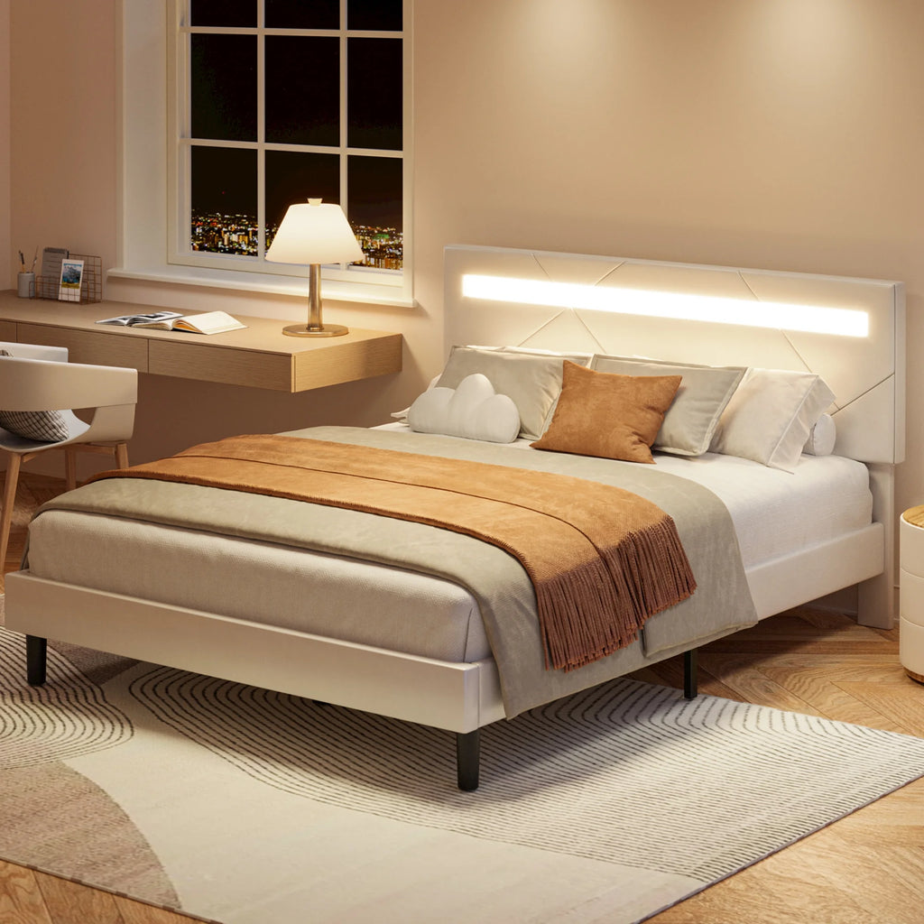 Twin Bed Frame with LED Lights and Adjustable Upholstered Headboard X40440