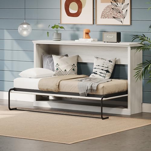 Twin Size Murphy Bed with Storage Bookshelf and USB Charging Station, Folding into a Cabinet, Rustic White H63189