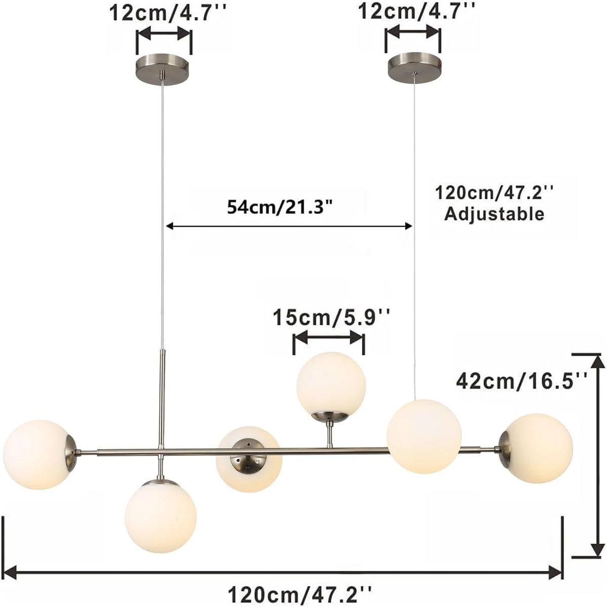 Modern Ceiling Pendant Lighting, Mid-Century Glass Globes Pendant Lamp, LED 6-Light Hanging Adjustable Chandelier for Kitchen Island Living Dining Room (Silver+Clear) Y41191