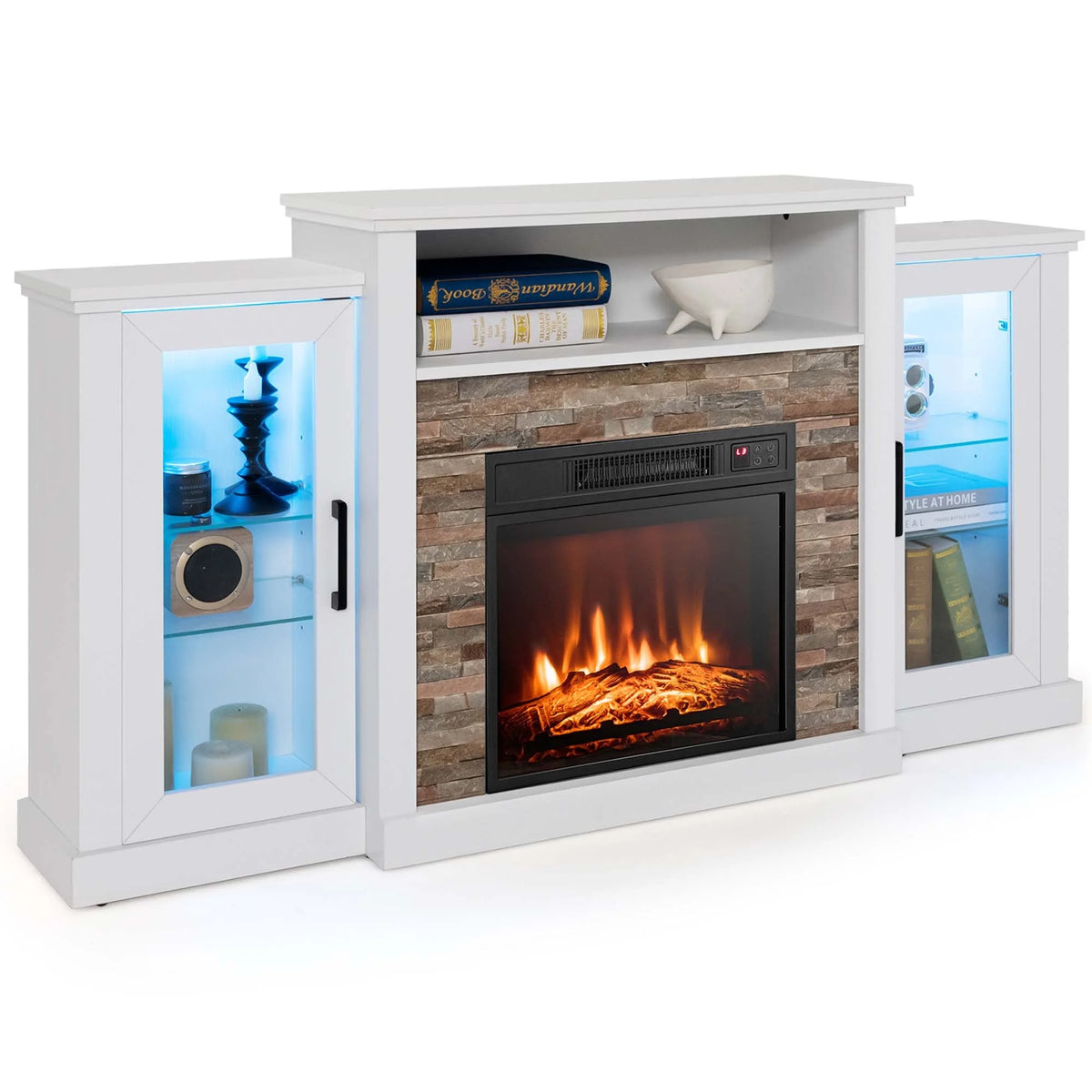 White Fireplace TV Stand with LED Lights & 18'' Electric Fireplace W628453