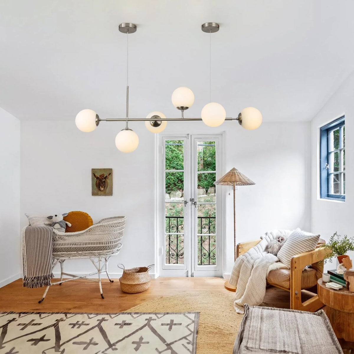 Modern Ceiling Pendant Lighting, Mid-Century Glass Globes Pendant Lamp, LED 6-Light Hanging Adjustable Chandelier for Kitchen Island Living Dining Room (Silver+Clear) Y41191